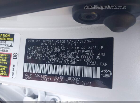 58ADZ1B10LU061594 2020 LEXUS ES 350 Белый Вид подкапотного пространства