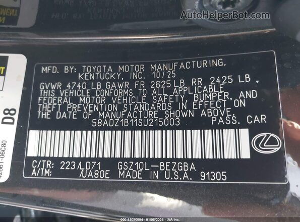 58ADZ1B11SU215003 2025 LEXUS ES 350 Black Widok komory silnika