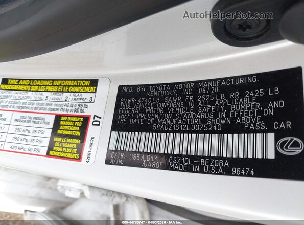 58ADZ1B12LU075240 2020 LEXUS ES 350 Белый Вид наклейки с VIN-кодом