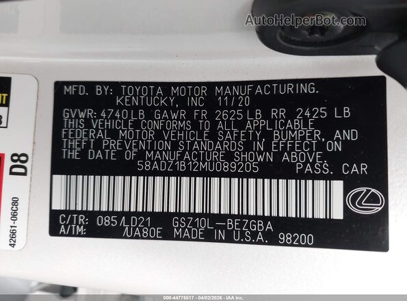 58ADZ1B12MU089205 2021 LEXUS ES 350 White Вид підкапотного простору