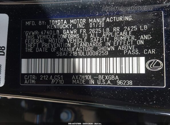 58AF21B10LU008259 2020 LEXUS ES 300H Black Շարժիչի բաժամունքի տեսք