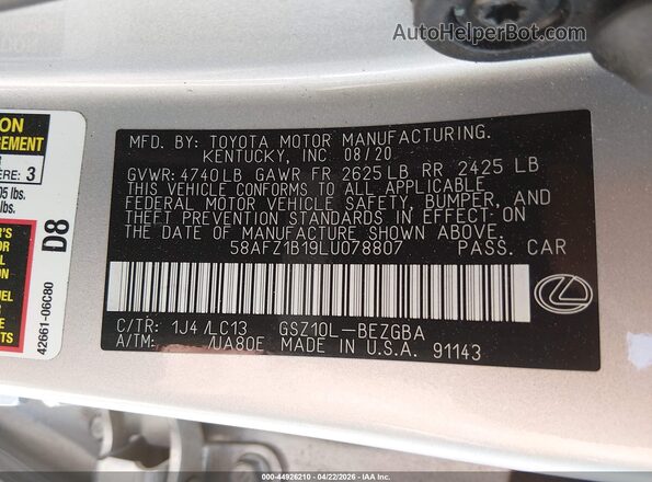 58AFZ1B19LU078807 2020 LEXUS ES 350 Black ძრავის განყოფილების ხედი