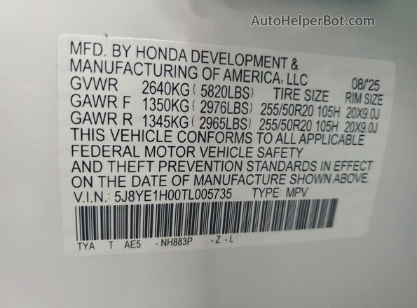 5J8YE1H00TL005735 2026 ACURA MDX White 