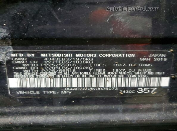 JA4AR3AU8KU026073 2019 MITSUBISHI OUTLANDER Black 
