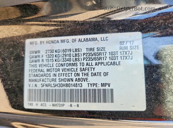 5FNRL5H30HB014813 2017 HONDA ODYSSEY Black Vista de la etiqueta del VIN