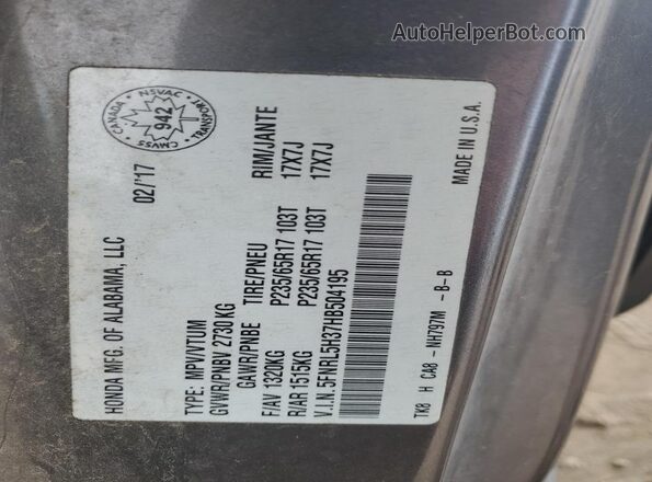 5FNRL5H37HB504195 2017 HONDA ODYSSEY Gray Вид наклейки з VIN-кодом