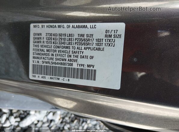 5FNRL5H64HB007308 2017 HONDA ODYSSEY Gray Widok komory silnika
