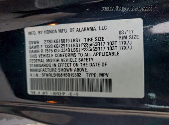 5FNRL5H68HB019302 2017 HONDA ODYSSEY Black Вид наклейки з VIN-кодом