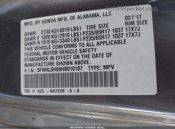 5FNRL5H69HB010107 2017 HONDA ODYSSEY Gray 