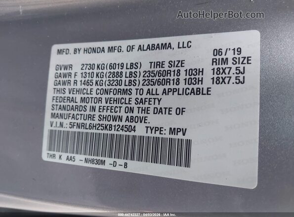 5FNRL6H25KB124504 2019 HONDA ODYSSEY Silver Շարժիչի բաժամունքի տեսք