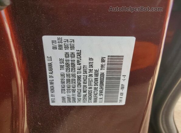 5FNRL6H50MB003084 2021 HONDA ODYSSEY Burgundy Панорамний вид салону 360°