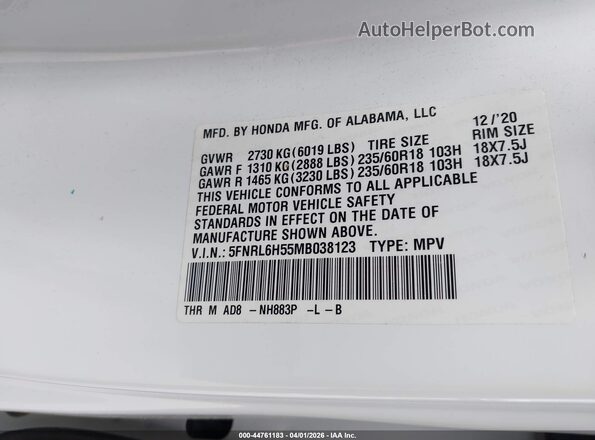 5FNRL6H55MB038123 2021 HONDA ODYSSEY Yellow Вид підкапотного простору