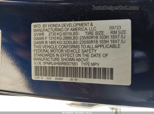 5FNRL6H56RB007583 2024 HONDA ODYSSEY Dark Blue Engine compartment view