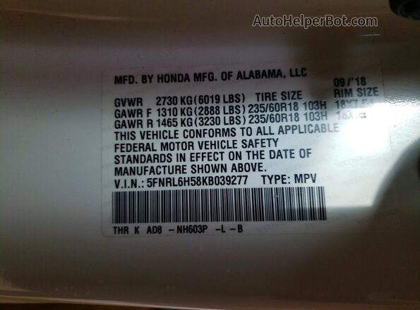 5FNRL6H58KB039277 2019 HONDA ODYSSEY White Vista interior de 360 grados