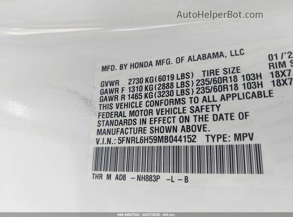 5FNRL6H59MB044152 2021 HONDA ODYSSEY White Vista del compartimento del motor