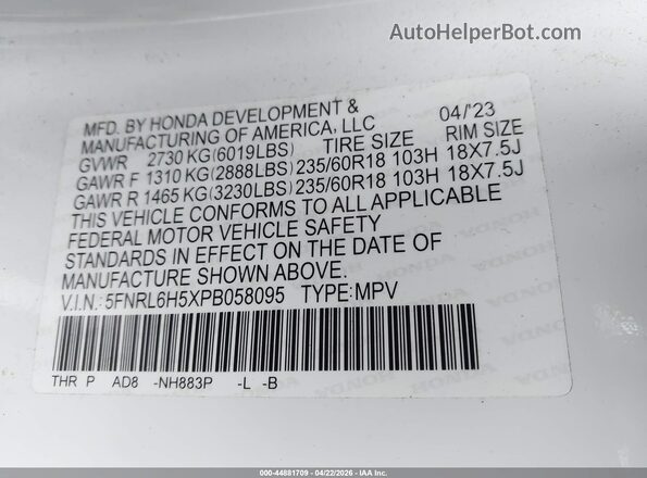5FNRL6H5XPB058095 2023 HONDA ODYSSEY White Շարժիչի բաժամունքի տեսք