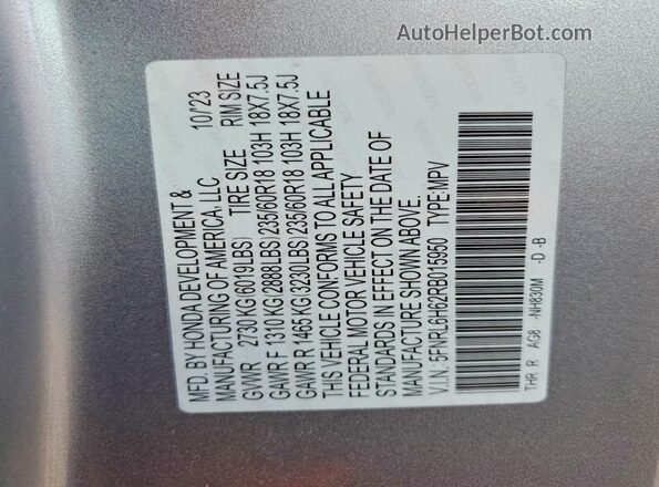 5FNRL6H62RB015950 2024 HONDA ODYSSEY Silver VIN კოდის სტიკერის ხედი