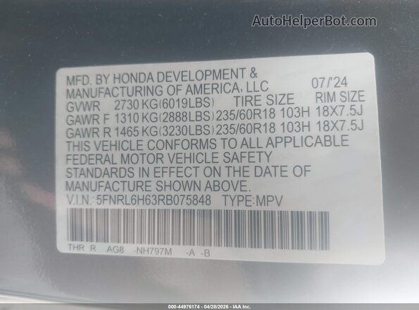 5FNRL6H63RB075848 2024 HONDA ODYSSEY Gray Engine compartment view