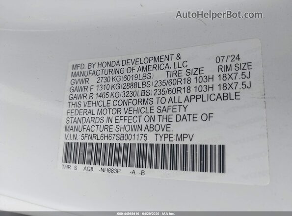 5FNRL6H67SB001175 2025 HONDA ODYSSEY White Vista del compartimento del motor