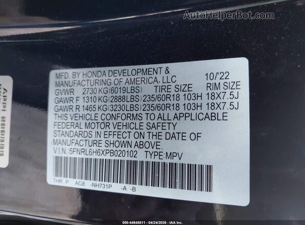 5FNRL6H6XPB020102 2023 HONDA ODYSSEY Black Շարժիչի բաժամունքի տեսք