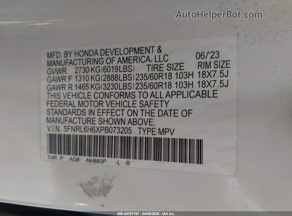 5FNRL6H6XPB073205 2023 HONDA ODYSSEY White Շարժիչի բաժամունքի տեսք