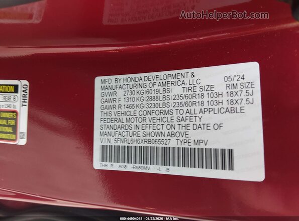 5FNRL6H6XRB065527 2024 HONDA ODYSSEY Red Вид підкапотного простору
