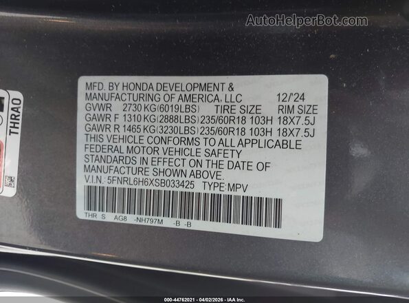 5FNRL6H6XSB033425 2025 HONDA ODYSSEY Серый Вид подкапотного пространства