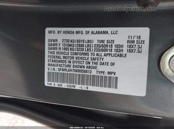 5FNRL6H70KB058813 2019 HONDA ODYSSEY Gray Շարժիչի բաժամունքի տեսք