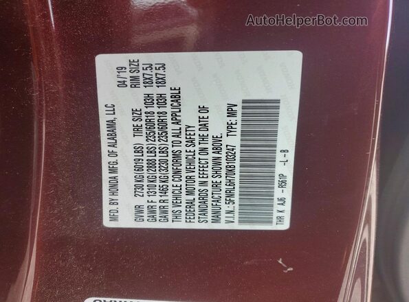5FNRL6H70KB103247 2019 HONDA ODYSSEY Burgundy 