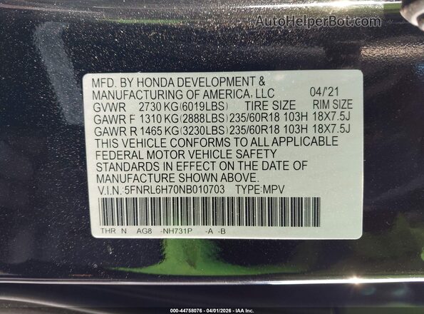 5FNRL6H70NB010703 2022 HONDA ODYSSEY Black 