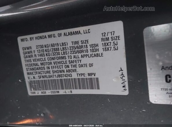 5FNRL6H71JB074243 2018 HONDA ODYSSEY Gray Widok komory silnika