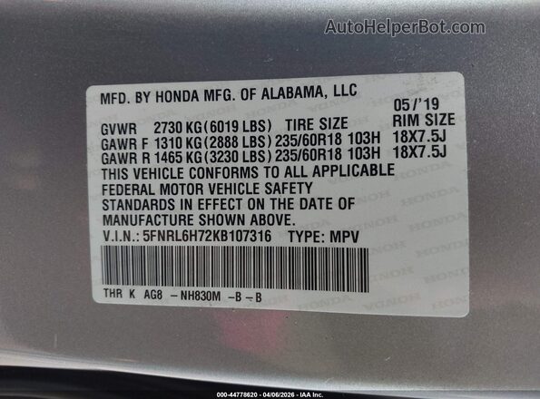 5FNRL6H72KB107316 2019 HONDA ODYSSEY Gray ძრავის განყოფილების ხედი