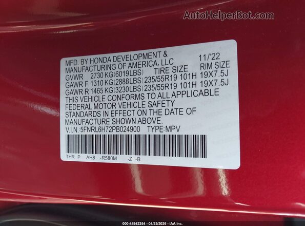 5FNRL6H72PB024900 2023 HONDA ODYSSEY Red ძრავის განყოფილების ხედი