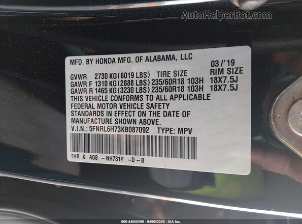 5FNRL6H73KB087092 2019 HONDA ODYSSEY Black ძრავის განყოფილების ხედი