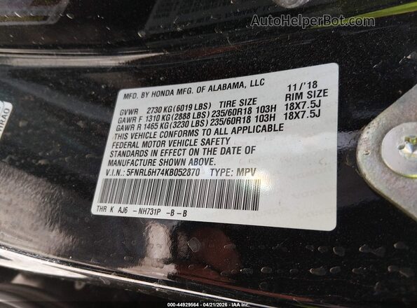 5FNRL6H74KB052870 2019 HONDA ODYSSEY Black Շարժիչի բաժամունքի տեսք