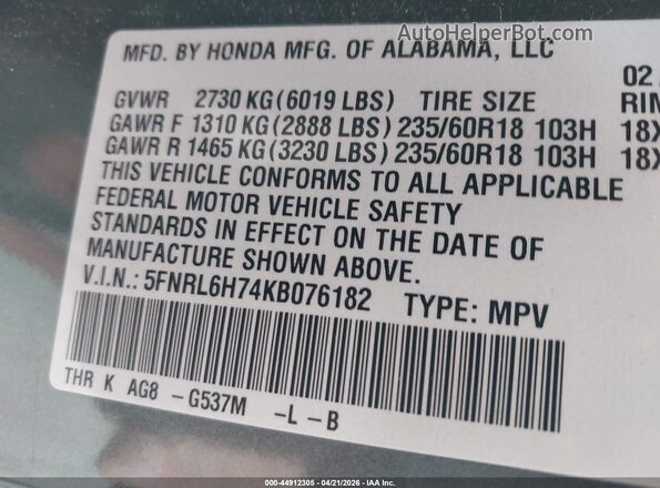 5FNRL6H74KB076182 2019 HONDA ODYSSEY Green Engine compartment view