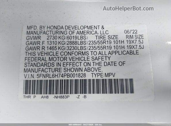 5FNRL6H74PB001828 2023 HONDA ODYSSEY White Вид підкапотного простору