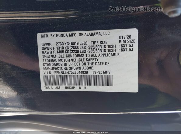 5FNRL6H75LB044830 2020 HONDA ODYSSEY Черный Вид подкапотного пространства