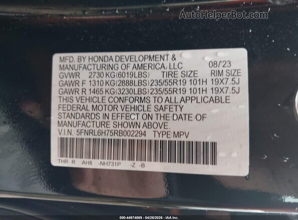 5FNRL6H75RB002294 2024 HONDA ODYSSEY Black Engine compartment view