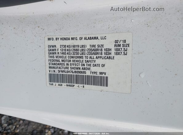 5FNRL6H76JB090695 2018 HONDA ODYSSEY White 