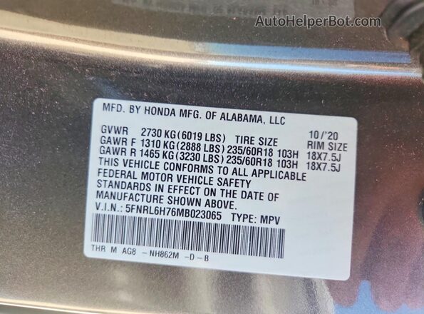 5FNRL6H76MB023065 2021 HONDA ODYSSEY Charcoal VIN sticker view