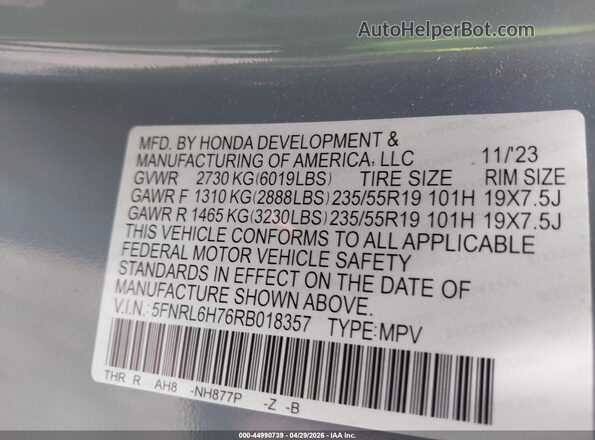 5FNRL6H76RB018357 2024 HONDA ODYSSEY Blue 