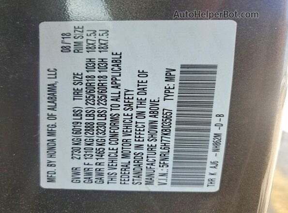 5FNRL6H77KB035657 2019 HONDA ODYSSEY Gray 