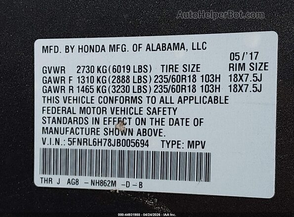 5FNRL6H78JB005694 2018 HONDA ODYSSEY Gray Engine compartment view