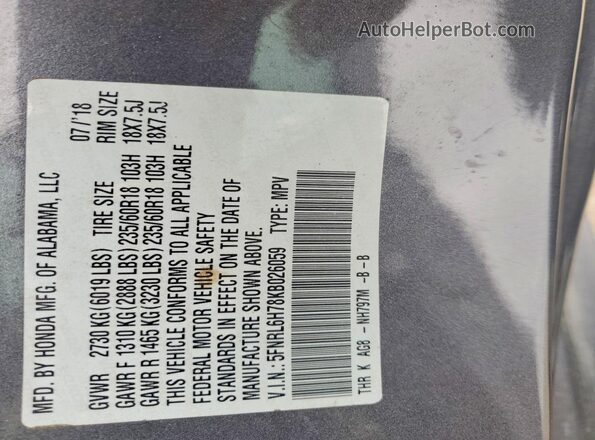 5FNRL6H78KB026059 2019 HONDA ODYSSEY Угольный Вид наклейки с VIN-кодом