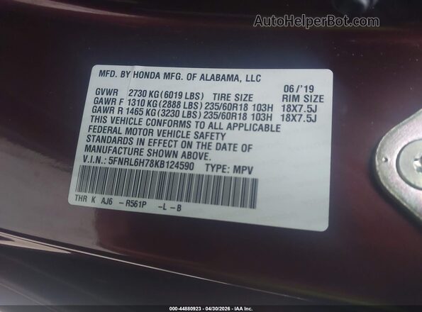 5FNRL6H78KB124590 2019 HONDA ODYSSEY Бордовый 