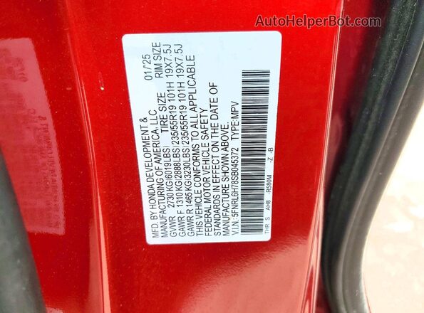 5FNRL6H78SB045372 2025 HONDA ODYSSEY Красный Вид подкапотного пространства
