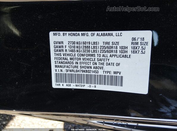 5FNRL6H79KB021453 2019 HONDA ODYSSEY Black Engine compartment view