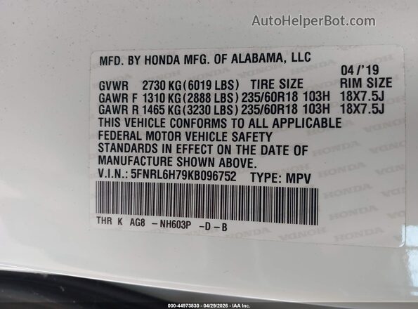 5FNRL6H79KB096752 2019 HONDA ODYSSEY White Engine compartment view