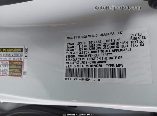 5FNRL6H79LB050260 2020 HONDA ODYSSEY White ძრავის განყოფილების ხედი